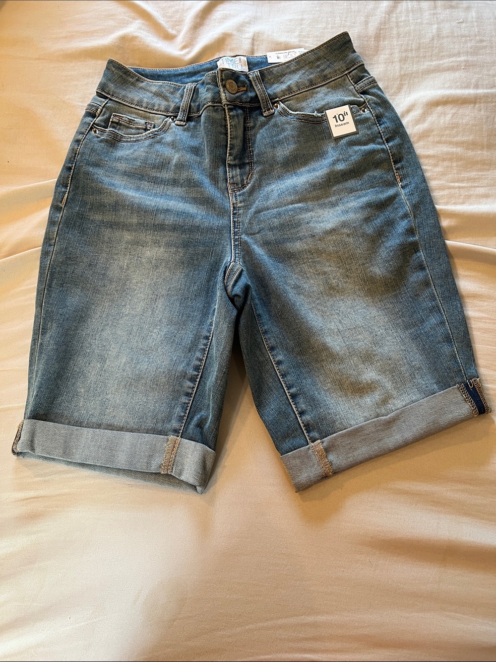 Denim Bermuda length Shorts, medium blue, cute 1.5" rolled hem, stretchy fabric